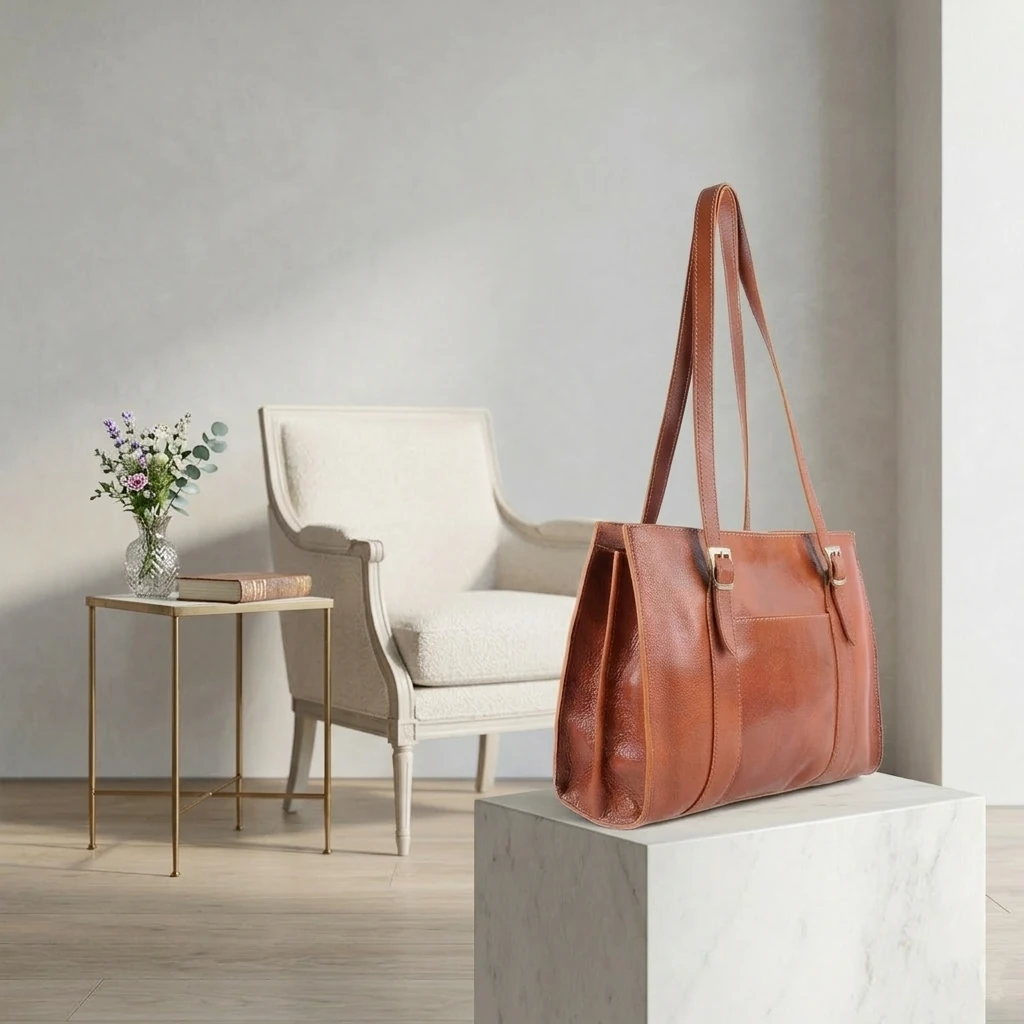 Stijlvolle klassieke vera pelle handtas Genua - Cognac