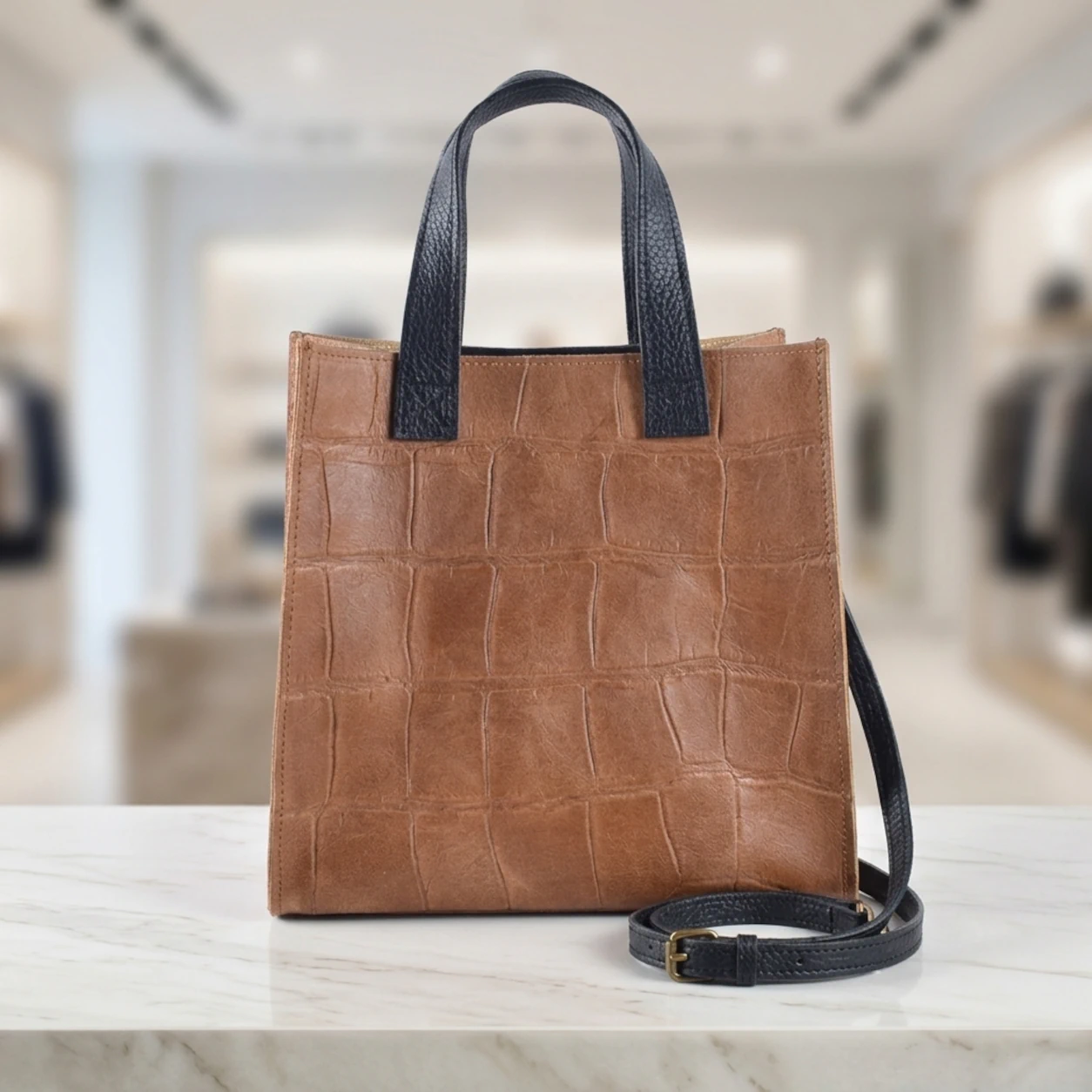 Croco print leren handtas vierkant Cognac