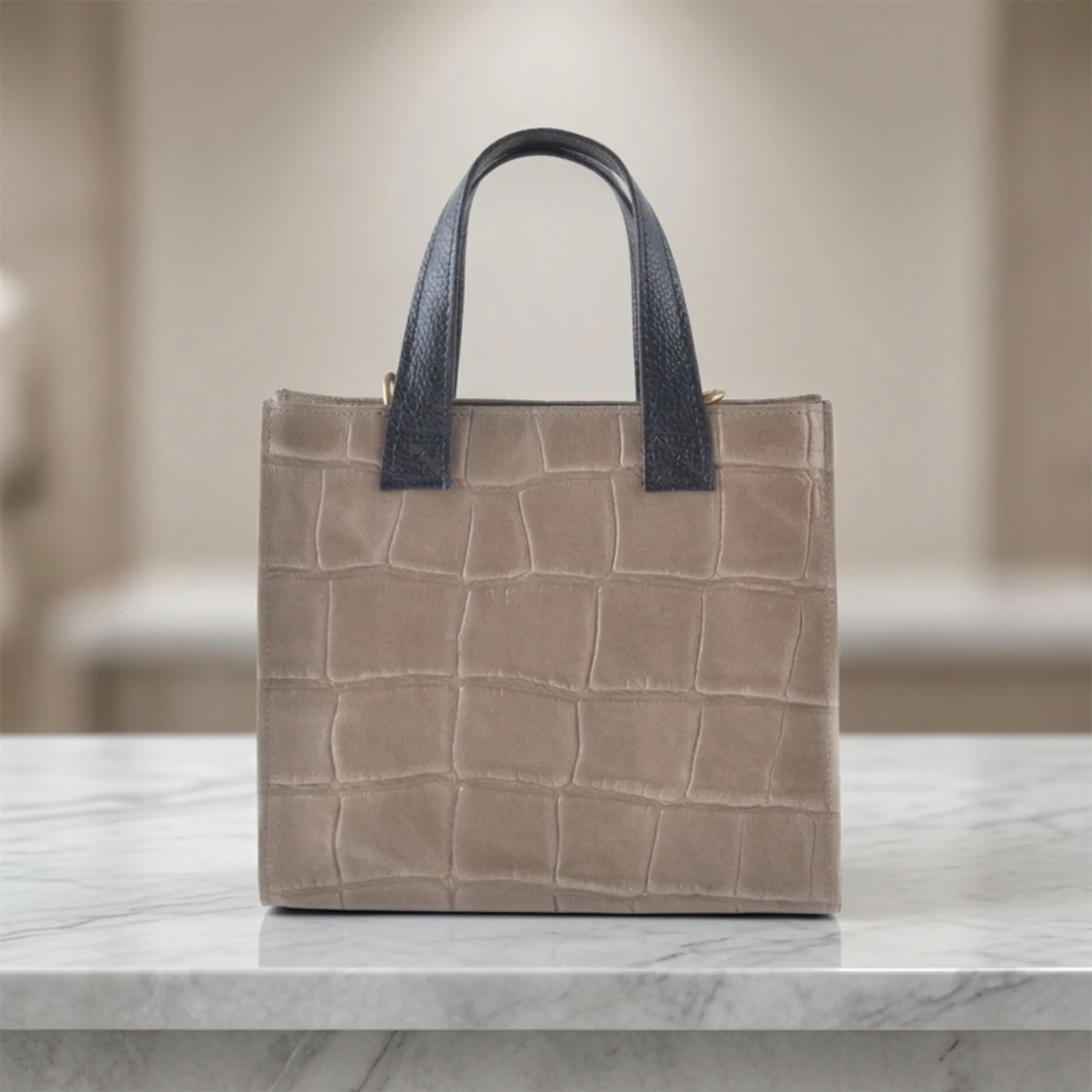 Croco print leren handtas vierkant Taupe