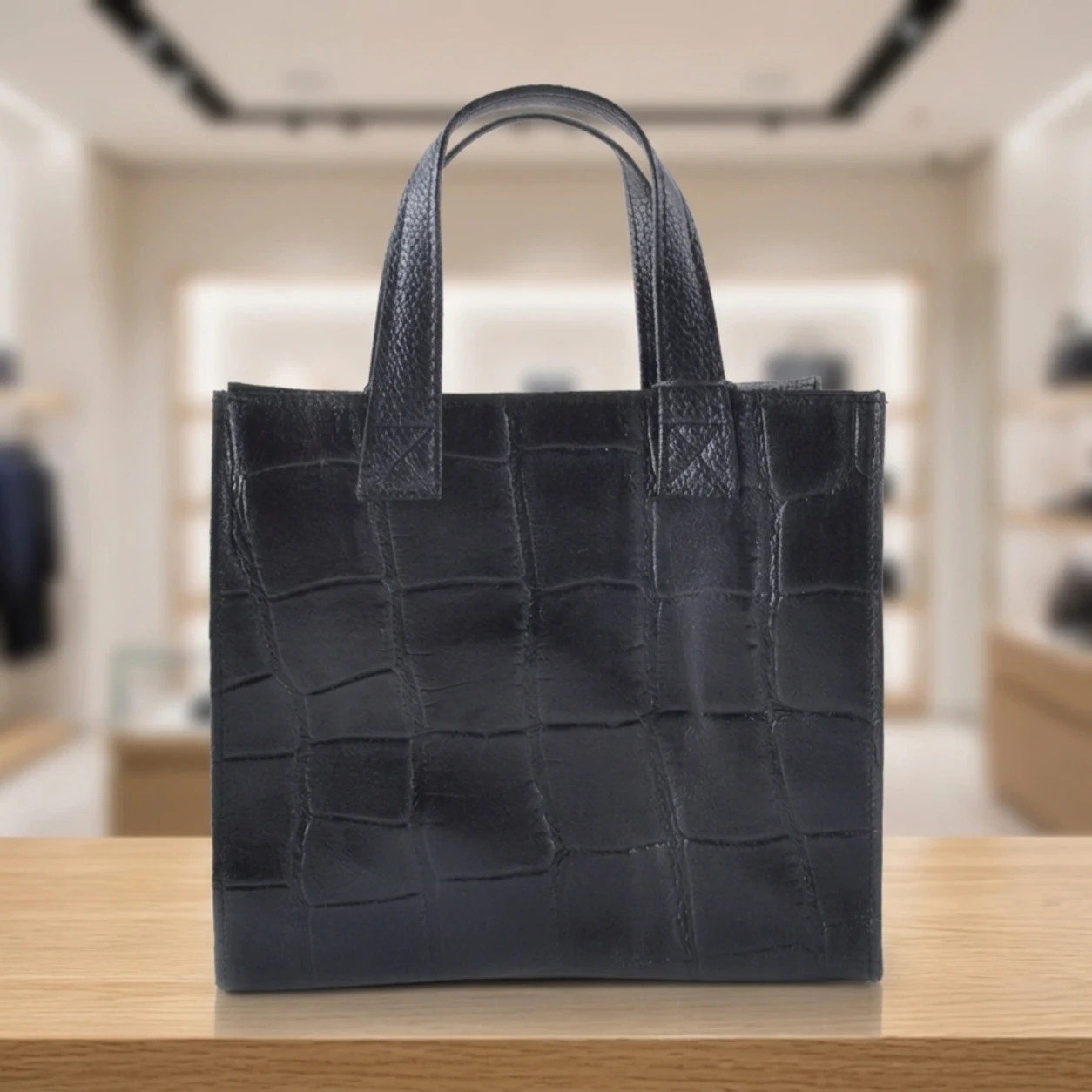 Croco print leren handtas vierkant zwart