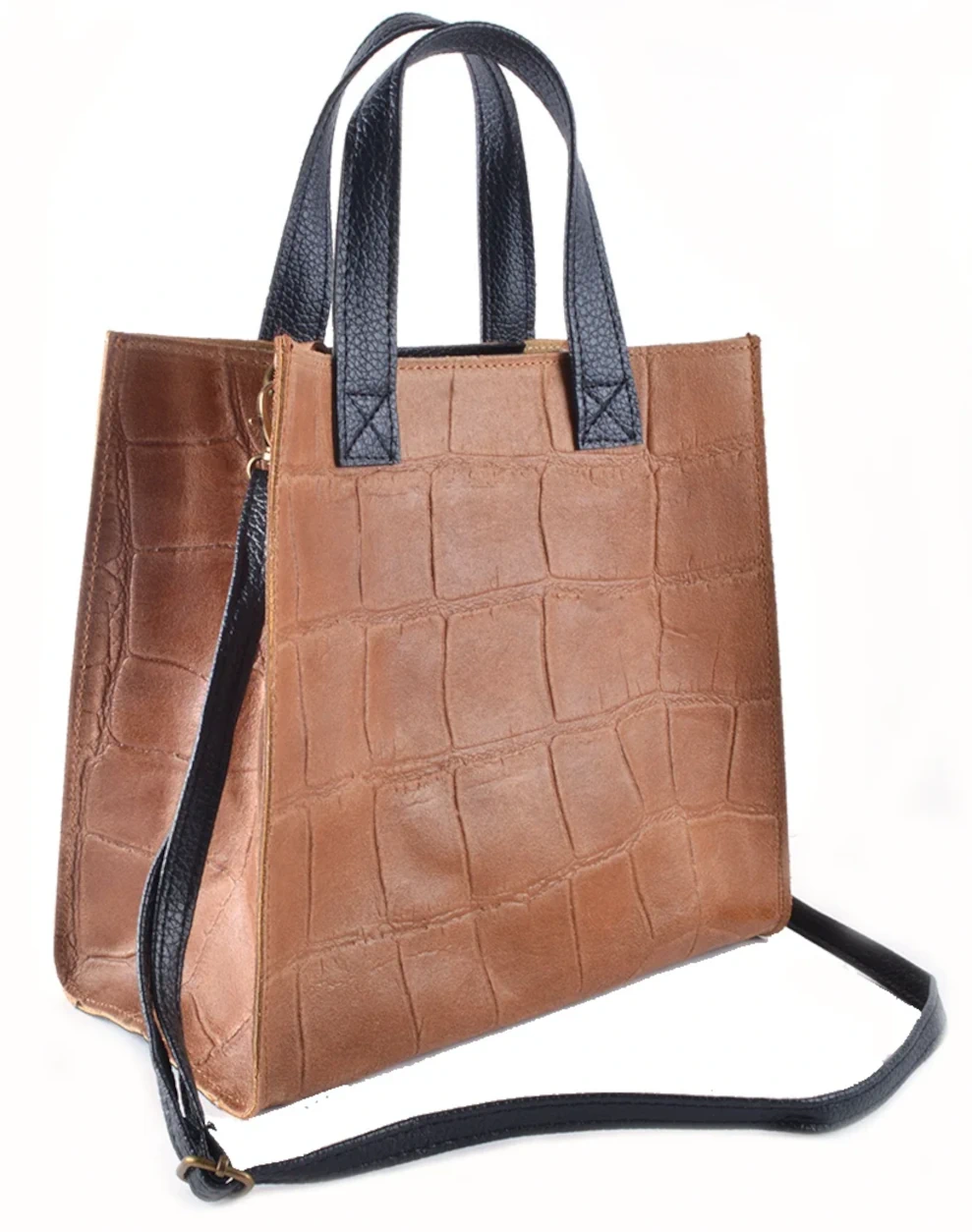Croco print leren handtas vierkant Cognac